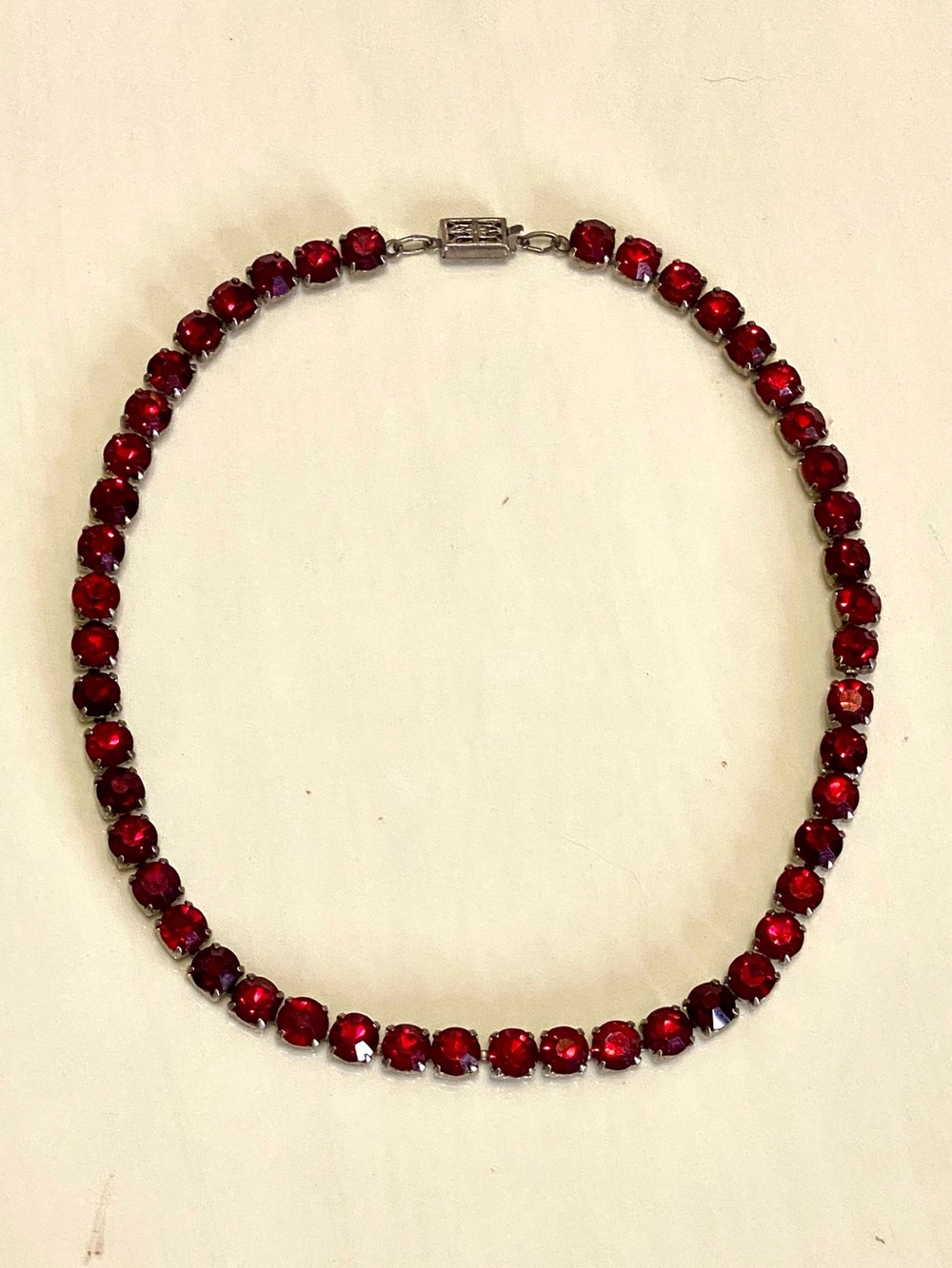 Art Deco Sterling Silver Red Glass Rhinestone Choker Necklace 925